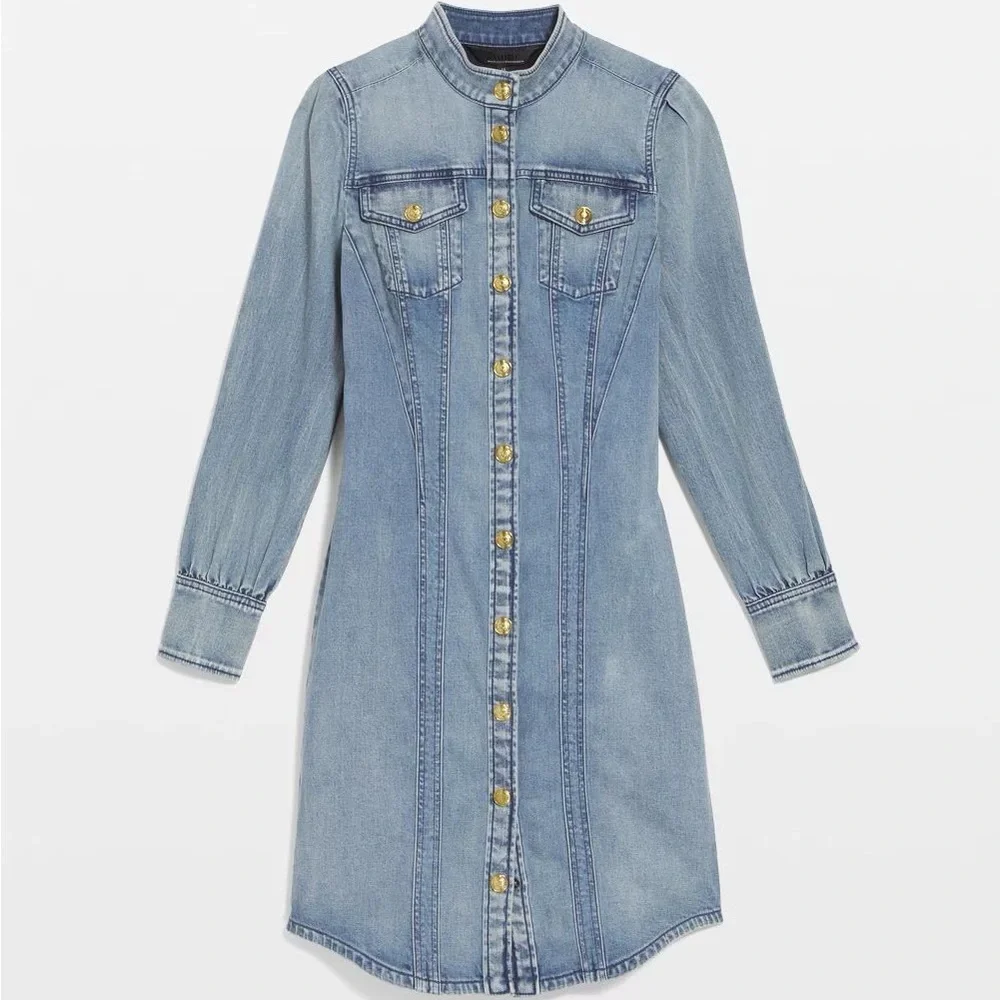 White House Black Market Denim Dress with Gold Accents - Picture 4 of 6